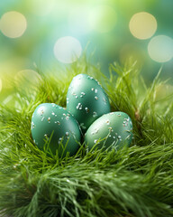 Grass nest of green Easter decorated eggs on blurry bokeh background. Festive background for Easter greeting card, banner. Spring design element. Hide and seek game