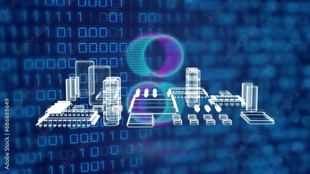 Poster animation of 3d model of electronic components and binary codes over abstract background