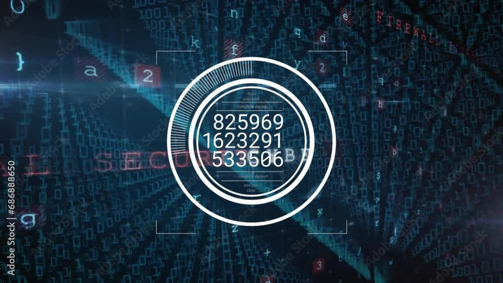 Poster animation of changing numbers in loading circles, texts, letters, symbols over binary codes