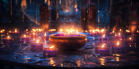 Flaming candles in bowl on dark background with bokeh. Water drops and magic rain. Violet and purple. Mystical aroma candles for astrology. Festive banner with copy space for text