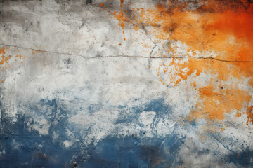 Aged wall with a vivid orange and blue paint peeling off, creating a grunge texture with a visible crack.