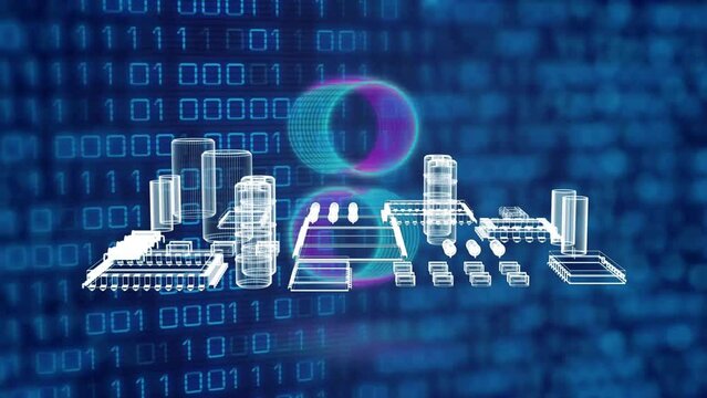 Animation of 3d model of electronic components and binary codes over abstract background