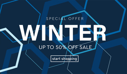 Winter Sale of Science Lessons, Technolog Element. Special Offer 50% Discount for Sports, Game. Background Modern Geometric Hexagonal Dna for Advertising, Web, Social Media, Poster, Banner, Cover. 