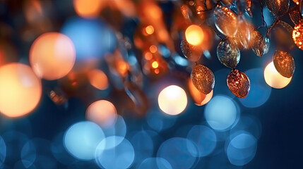 Fascinating bokeh effect created by Christmas garland lights on a midnight blue canvas.