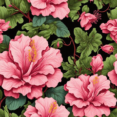 Pink Hibiscus Flowers Colorful Illustration Background Seamless Pattern Beautiful Floral Digital Art Design