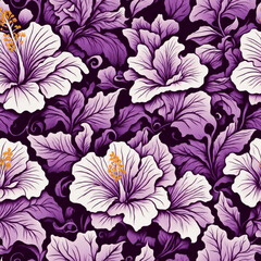 Purple Hibiscus Flowers Colorful Illustration Background Seamless Pattern Beautiful Floral Digital Art Design