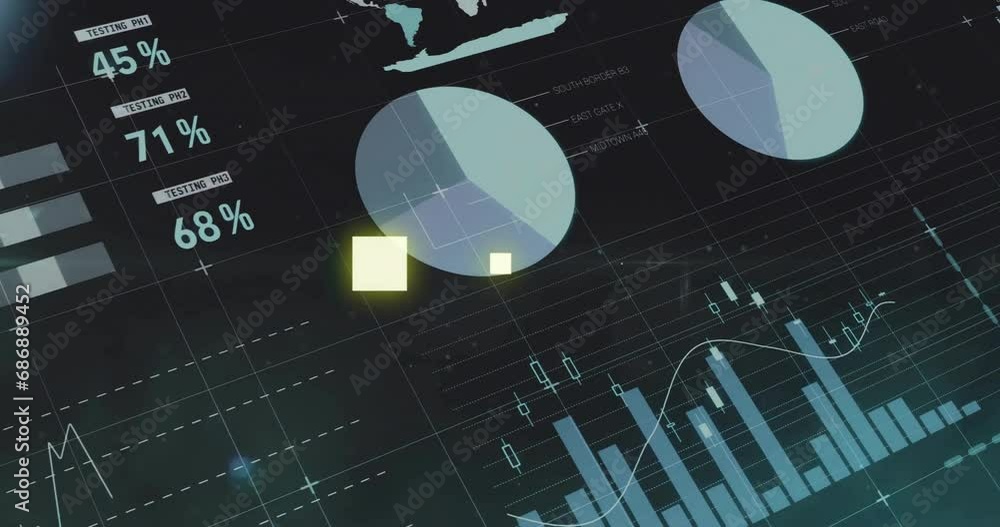 Poster animation of infographic interface and illuminated squares against black background