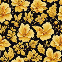 Golden Hibiscus Flowers Colorful Illustration Background Seamless Pattern Beautiful Floral Digital Art Design
