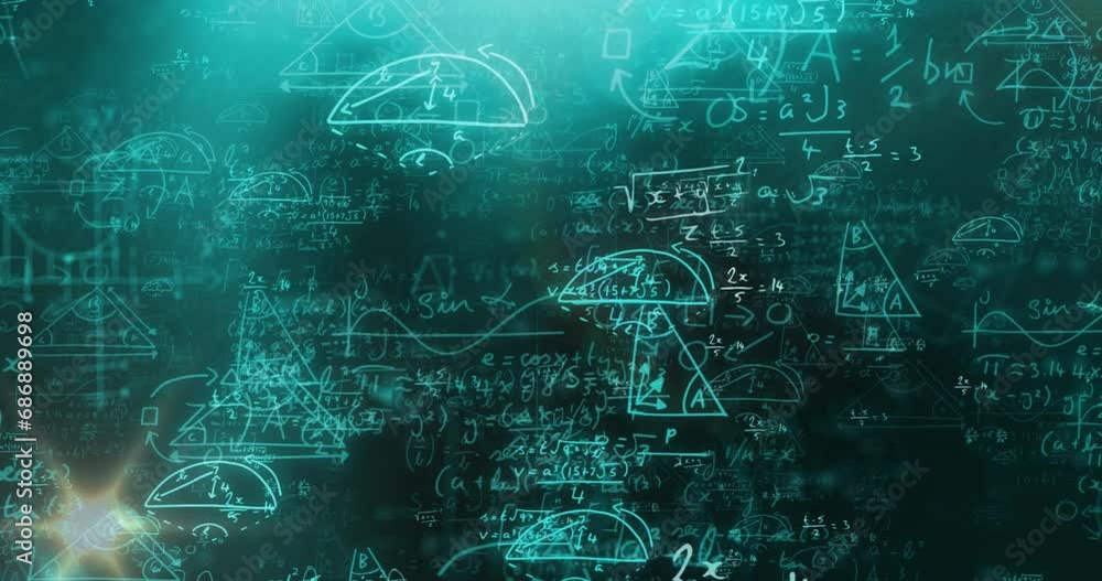 Poster animation of lens flares moving over mathematical equations and diagrams over abstract background