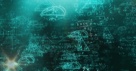 Animation of lens flares moving over mathematical equations and diagrams over abstract background - Powered by Adobe