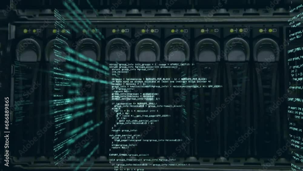 Poster animation of computer language over back panel of data server modem