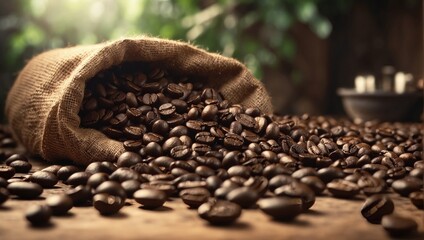 Obraz premium Close-up of coffee beans spilling out of a burlap sack. The grains are dark brown and shiny. The bag is made of a thick woven fabric. The background is a dark wooden surface.