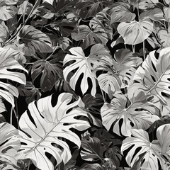 Monstera Leaves Black and White Illustration Tropical Seamless Pattern Rainforest Background Art Design