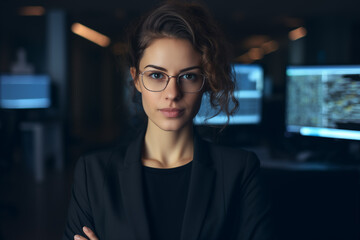 A close-up portrait of a female programmer in office. Advertising concept.