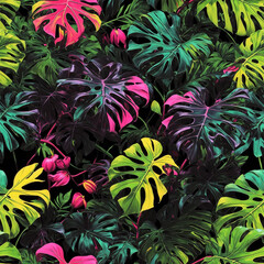 Neon Monstera Leaves Colorful Illustration Tropical Seamless Pattern Rainforest Background Art Design