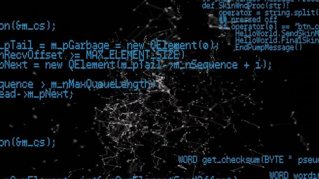 Animation of computer language and connected dots against black background