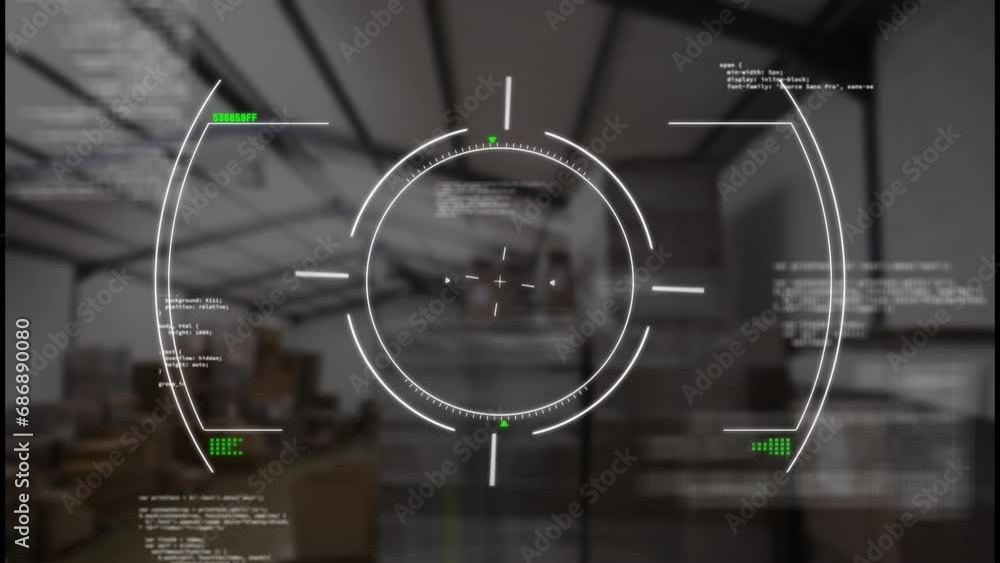 Aufkleber animation of circles and computer language over warehouse