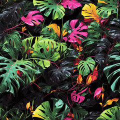 Neon Monstera Leaves Colorful Illustration Tropical Seamless Pattern Rainforest Background Art Design