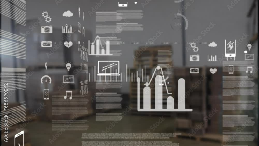 Poster animation of multiple icons, database and trading board over warehouse