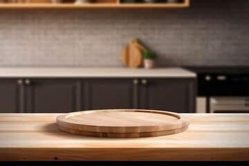 Obraz premium Wooden desk of free space and kitchen interior. Pedestal for your product. generative ai.
