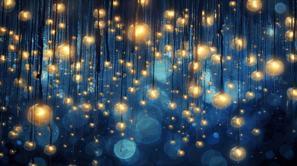 A magical scene of twinkling Christmas lights on a deep blue backdrop. light backgroud