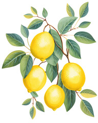 Illustration of lemons on a branch, transparent background (PNG)