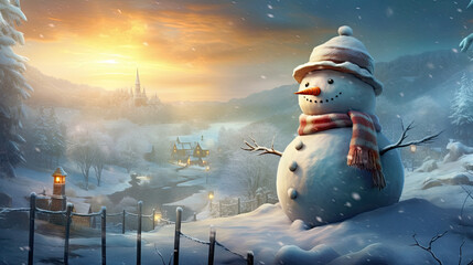 Obraz premium A snowman's happiness framed within the snowy panorama.