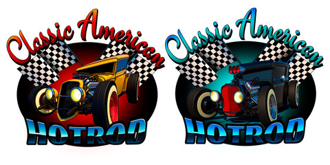 American classic hotrod car. A car with a big engine on a checkered flag background. Two stickers on a transparent background. Printing on T-shirts.