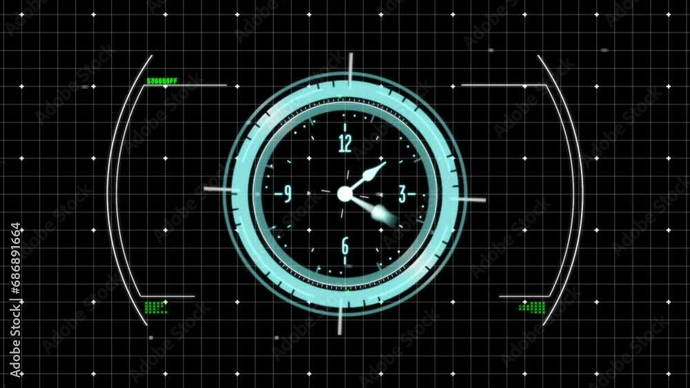 Aufkleber animation of clock moving fast over scope and grid on black background