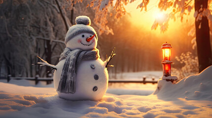 Fototapeta premium Snowman in a snow-covered park under the sun