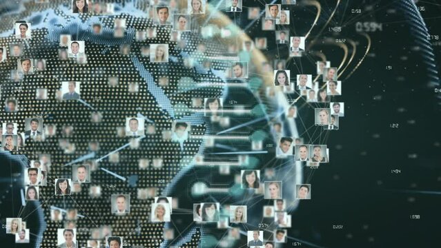 Animation of dna strand over globe with photos of businessmen on black background