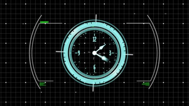 Animation of clock moving fast over scope and grid on black background