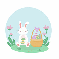 illustration of a playful rabbit surrounded by a cluster of Easter eggs.