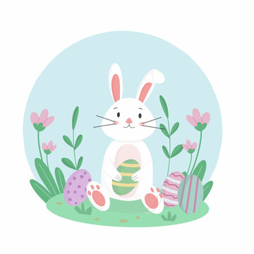 illustration of a playful rabbit surrounded by a cluster of Easter eggs.