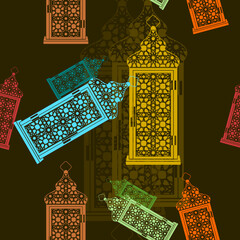 Editable Flat Style Arabian Lamps Vector Illustration With Various Colors as Seamless Pattern With Dark Background for Islamic Occasional Theme Such as Ramadan and Eid or Arab Culture