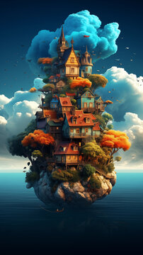 IPhone Wallpaper, 16:9, Fantasy Design, Ocean With Island, Colorful, Tiny-house