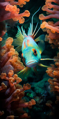 A vibrant fish swims among coral in the deep sea.