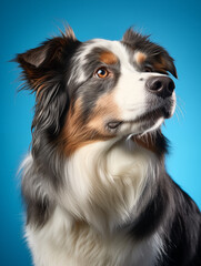 A majestic Australian Shepherd against a blue backdrop.