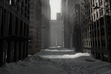 3D rendering of snow covered abandoned city