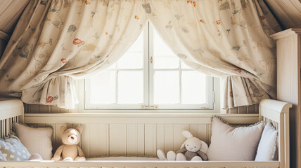 Fototapeta na wymiar Baby room decor and interior design inspiration in the English countryside style cottage