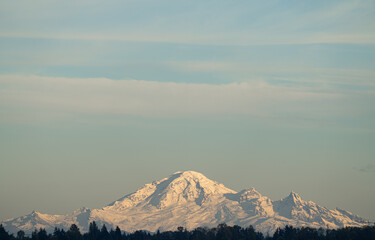 Mount baker of America, as seen from Vancouver, Canada. The view shows snow capped mountain during summer of 2023