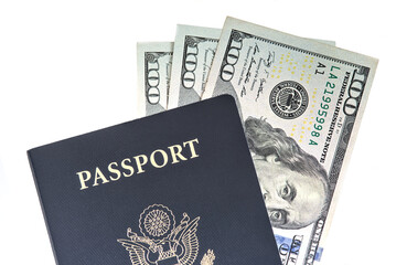 us passport with hundred dollar bills inside (usa, united states, american currency, money, bank...
