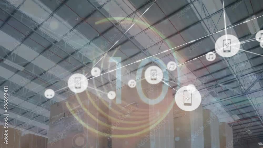 Poster animation of network of connections with icons over countdown and warehouse