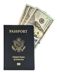 us passport with hundred dollar bills inside (usa, united states, american currency, money, bank notes) travel, tourism concept (wealth, prosperity, freedom, luxury) rich, isolated on white background