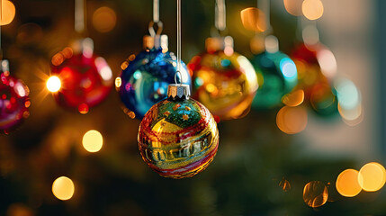 Close-up shot of baubles on a Christmas tree, showcasing their colorful details