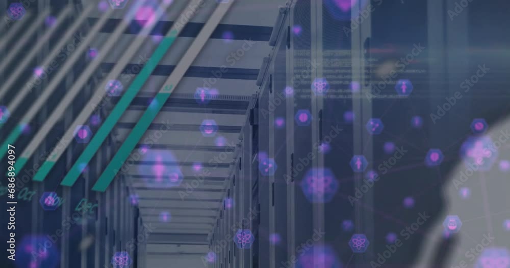 Poster animation of globe and charts processing data over server room
