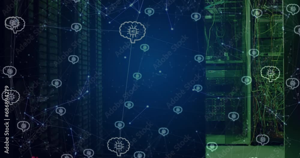 Poster animation of network and brains with ai motherboards over dark computer server room