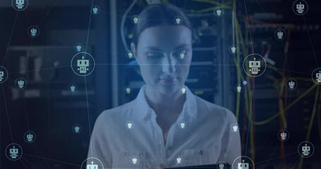 Animation of ai chatbot icons over caucasian female technician working in server room - Powered by Adobe