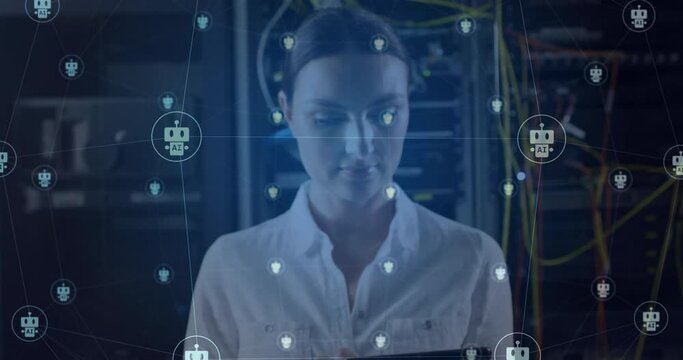 Animation Of Ai Chatbot Icons Over Caucasian Female Technician Working In Server Room