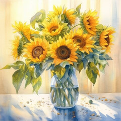Sunflowers in vase watercolor painting. Glass vase with yellow sunflowers. Sunflowers in vase illustration.